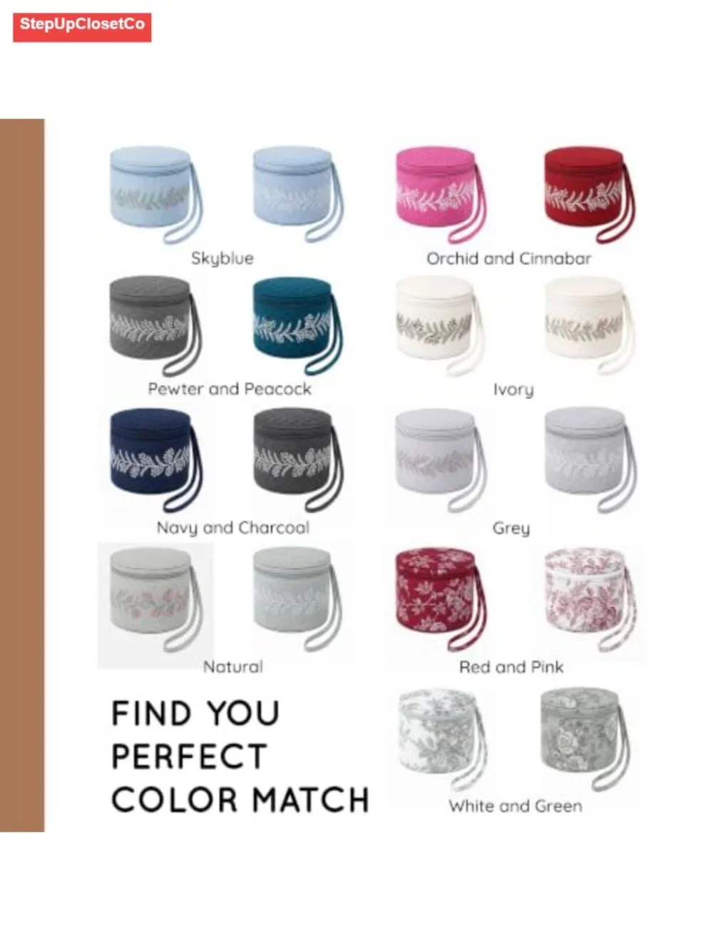 Set of 2 Hand Embroidered 100% Linen Cylinder Cosmetic Storage Boxes with Zipper
